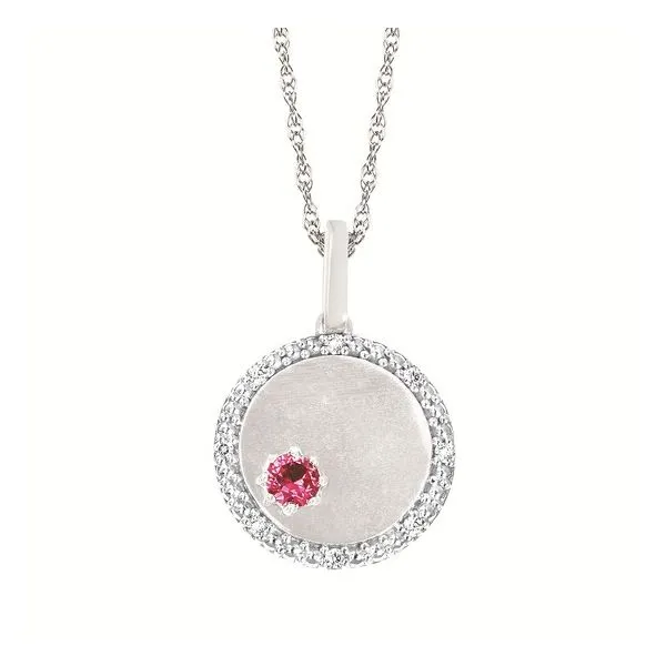 OSTBYE  Created Pink Tourmaline and Diamond Disc Necklace, 10KT White Gold, 0.04CTTW Round Diamonds, October, Engraveable, 18