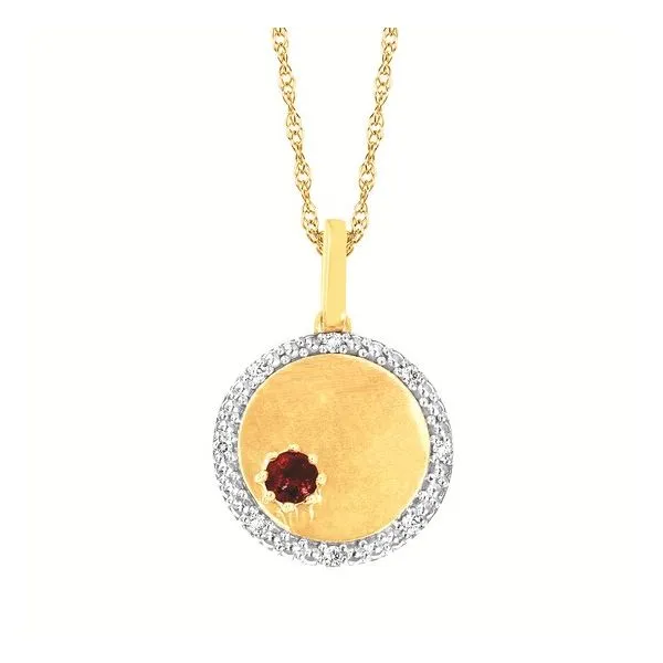 OSTBYE  Garnet and Diamond Disc Necklace, 10KT Yellow Gold, 0.04CTTW Round Diamonds, January, Engraveable, 18
