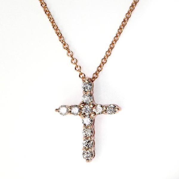 Prong Set Diamond Cross Necklace | 14KT Rose Gold | Barnes Jewelers Goldsboro NC Barnes Jewelers Goldsboro, NC
