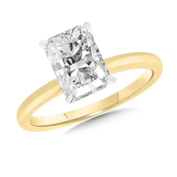 SDC  Modified Cushion Lab Grown Diamond Solitaire Engagement Ring, 14KT Yellow and White Gold, 3.03CT, Color: E, Clarity: VS1, CERT#: LG702503321, Siz Barnes Jewelers Goldsboro, NC