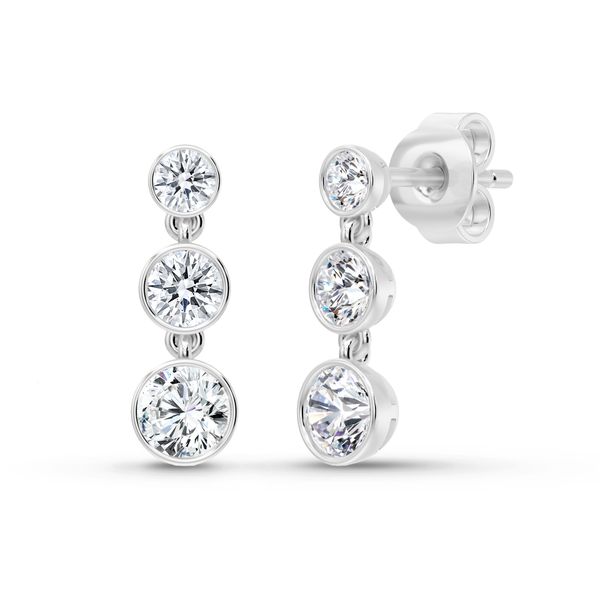 SDC Three Stone Lab Grown Diamond Dangle Earrings | 14KT White Gold | Barnes Jewelers Goldsboro NC Barnes Jewelers Goldsboro, NC