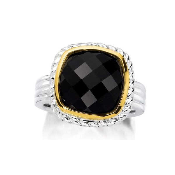 Sterling Silver & 18KY Ring w/ 12mm x 12mm Black Onyx Checkboard Stone, Size 7 Barnes Jewelers Goldsboro, NC