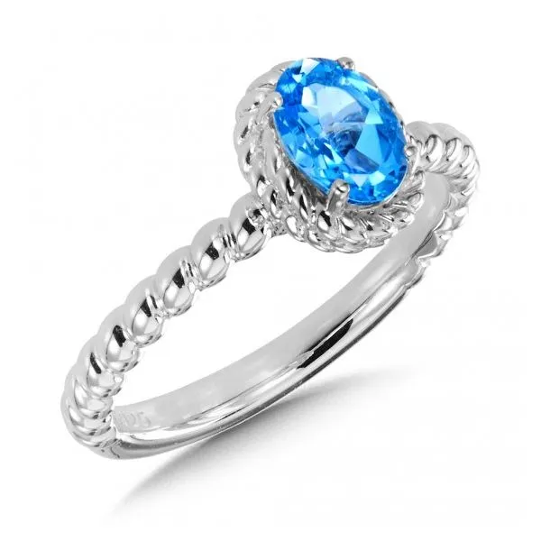 Rhodium Sterling Silver 5mm x 7mm oval Blue Topaz Stackable Fashion Ring, Size 7 Barnes Jewelers Goldsboro, NC