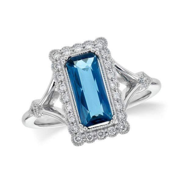 ALLISON KAUFMAN  Antiqued Style London Blue Topaz Ring, 14KT White Gold, 1.58 TGW Blue Topaz, 0.17CTW Round Diamonds, Size 7  D5 Barnes Jewelers Goldsboro, NC