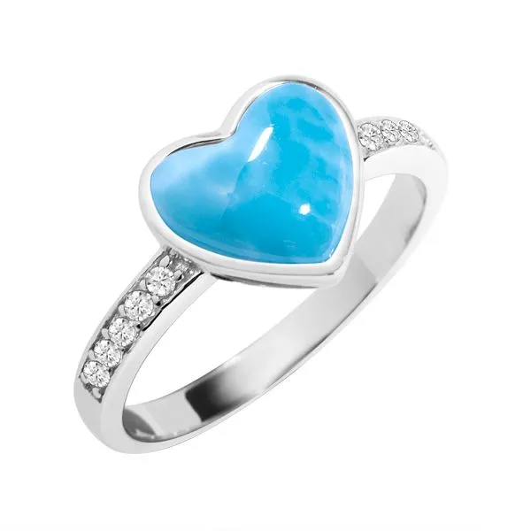 ALAMEA  Heart Ring, Sterling Silver, Rhodium, Larimar, Cubic Zirconia, Size 7  378-83-01-070 Barnes Jewelers Goldsboro, NC