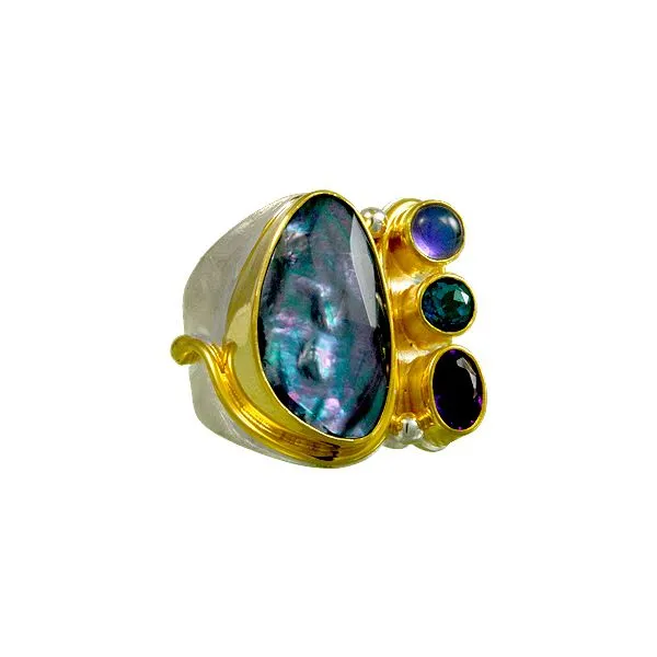 MICHOU  Iridescence Fashion Ring, Sterling Silver and 22KT Gold Vermeil, Teal Topaz, African Amethyst, Mother of Pearl + onyx + white quartz and Mysti Barnes Jewelers Goldsboro, NC
