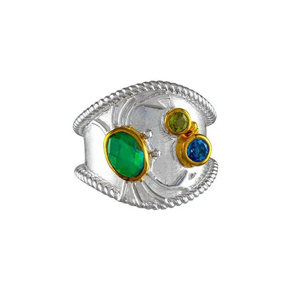 MICHOU  Crab Cigar Band Ring, Sterling Silver and 22KT Gold Vermeil, Baby Blue Topaz and Peridot, Size 7  20201095-7 Barnes Jewelers Goldsboro, NC