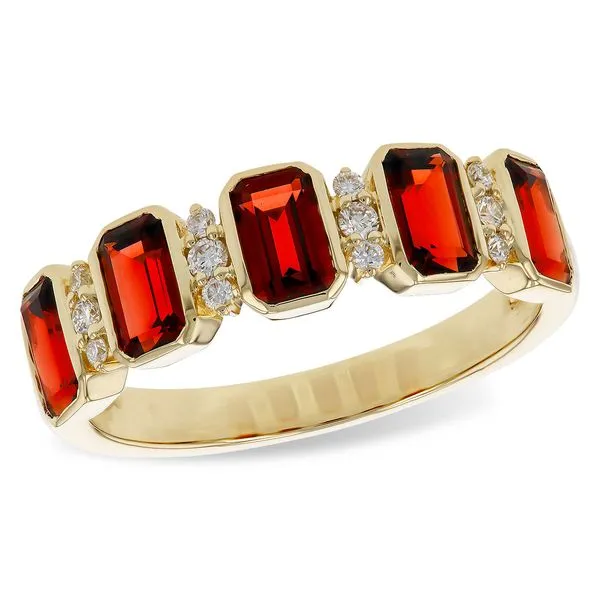 ALLISON KAUFMAN  Garnet and Diamond Band, 14KT Yellow Gold, 1.62TGW Radiant Garnets, 0.12CTTW Round Diamonds, Size 7  D6010 Barnes Jewelers Goldsboro, NC