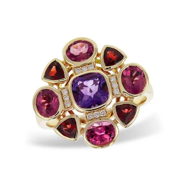 ALLISON KAUFMAN  Abstract Fashion Ring, 14KT Yellow Gold, 2.76TGW Amethyst, Garnet and Pink Tourmaline, 0.06CTTW Round Diamonds, Size 7  D6023 Barnes Jewelers Goldsboro, NC
