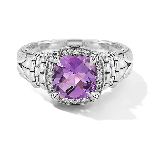 JAI  Amethyst and Diamond Halo Ring, Sterling Silver, 8.00MM Cushion Amethyst, Size 7  JJH6007R-7-AMDI Barnes Jewelers Goldsboro, NC