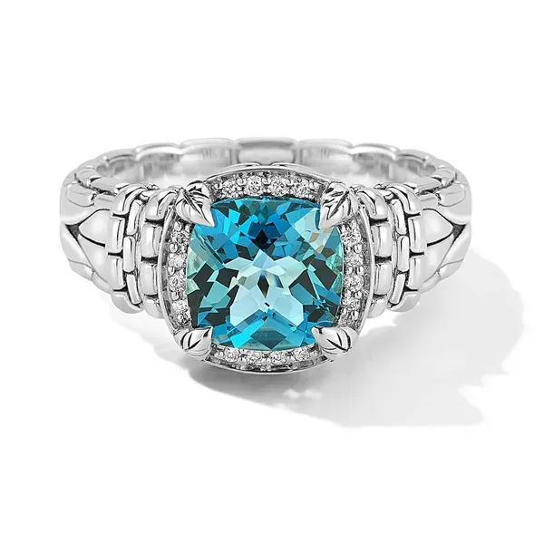 JAI  London Blue Topaz and Diamond Halo Ring, Sterling Silver, 8.00MM Cushion London Blue Topaz, Size 7  JJH6007R-7-LTDI Barnes Jewelers Goldsboro, NC