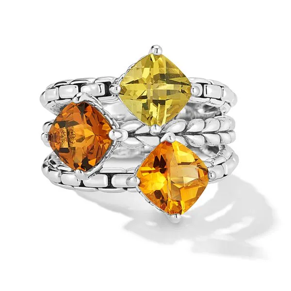 JAI  Three Gemstone Stacked Ring, Sterling Silver, FOREST, Cognac Quartz, Citrine, Olive Quartz, Size 7  JJH1022R-7-FOR Barnes Jewelers Goldsboro, NC