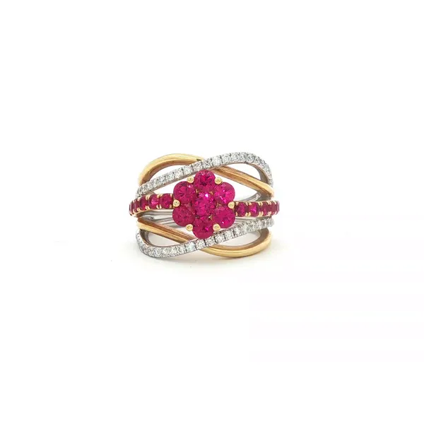 SOPRAFFINO  Floral Crossover Ruby and Diamond Ring, 18KT Yellow and White Gold, 1.66TGW Round Rubies, 0.51CTTW Round Diamonds, Color: G/H, Clarity: SI Barnes Jewelers Goldsboro, NC