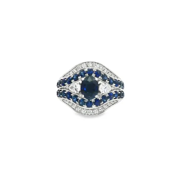 SOPRAFFINO  Sapphire and Diamond Three Stone Wide Ring, 14KT White Gold, 2.58TGW Oval and Round Blue Sapphires, 0.52CTTW Pear and Round Diamonds, Colo Barnes Jewelers Goldsboro, NC