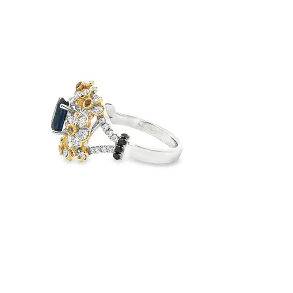 SOPRAFFINO  Sapphire and Diamond Floral Halo Ring, 14KT White and Yellow Gold, 1.22TGW Oval Blue Sapphire, 0.25CTTW Round Chocolate and Black Diamonds Image 2 Barnes Jewelers Goldsboro, NC