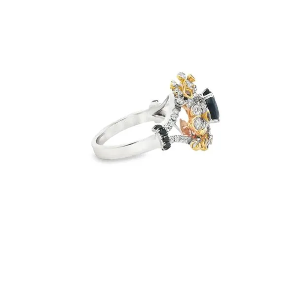 SOPRAFFINO  Sapphire and Diamond Floral Halo Ring, 14KT White and Yellow Gold, 1.22TGW Oval Blue Sapphire, 0.25CTTW Round Chocolate and Black Diamonds Image 3 Barnes Jewelers Goldsboro, NC