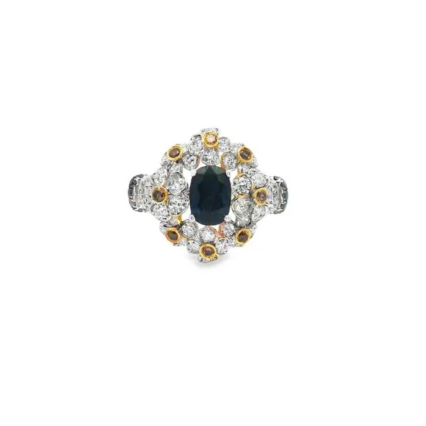 SOPRAFFINO  Sapphire and Diamond Floral Halo Ring, 14KT White and Yellow Gold, 1.22TGW Oval Blue Sapphire, 0.25CTTW Round Chocolate and Black Diamonds Barnes Jewelers Goldsboro, NC