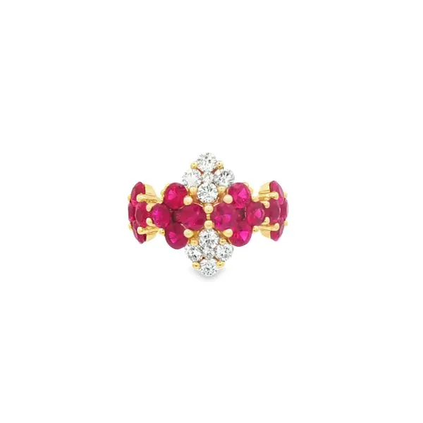 SOPRAFFINO  Ruby and Diamond Floral Band, 14KT Yellow Gold, 3.17TGW Round Rubies, 0.64CTTW Round Diamonds, Color: G/H, Clarity: SI1, Size 6.5  R01672- Barnes Jewelers Goldsboro, NC