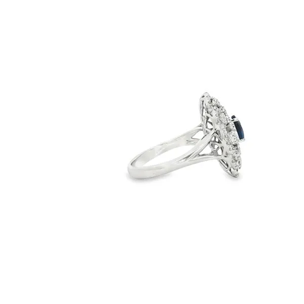 SOPRAFFINO  Scalloped Halo Sapphire and Diamond Ring, 14KT White Gold, 0.63TGW Oval Blue Sapphire, 0.95CTTW Round Diamonds, Color: G/H, Clarity: SI1,  Image 2 Barnes Jewelers Goldsboro, NC