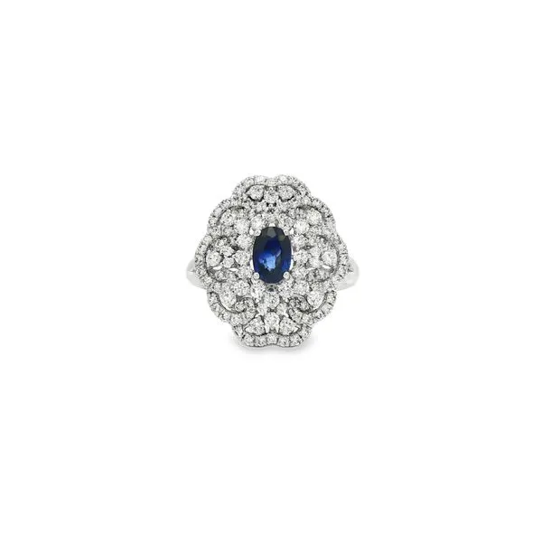SOPRAFFINO  Scalloped Halo Sapphire and Diamond Ring, 14KT White Gold, 0.63TGW Oval Blue Sapphire, 0.95CTTW Round Diamonds, Color: G/H, Clarity: SI1,  Barnes Jewelers Goldsboro, NC