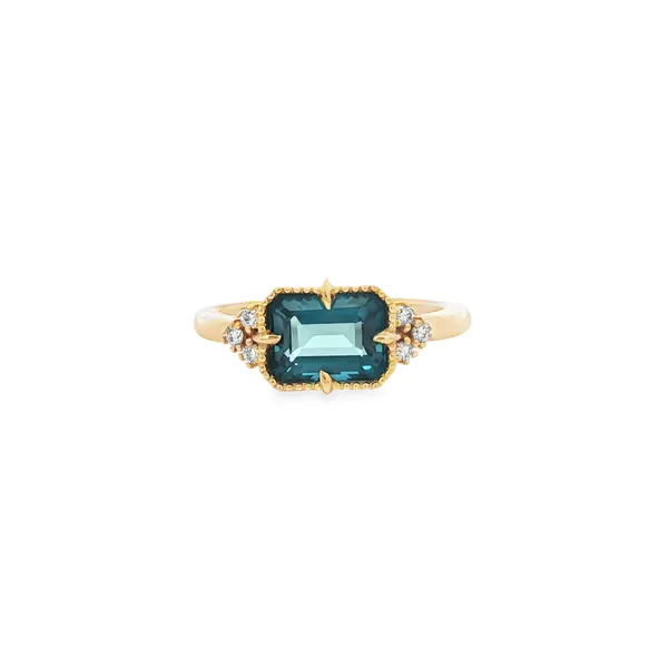 PARAGON  London Blue Topaz and Diamond Vintage Bezel Prong Ring, 14KT Yellow Gold, 2.25TGW Emerald London Blue Topaz, 0.10CTTW Round Diamonds, Size 6. Barnes Jewelers Goldsboro, NC