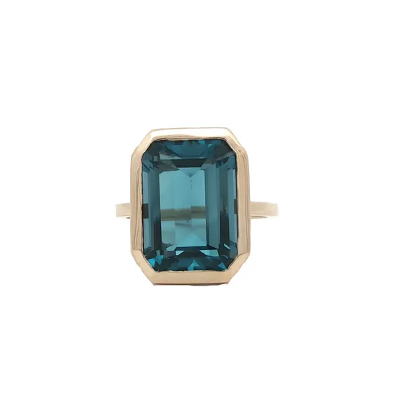PARAGON  London Blue Topaz Bezel Set Ring, 14KT Yellow Gold, 9.10TGW Emerald London Blue Topaz, Size 6.5  R0977LB-08 Barnes Jewelers Goldsboro, NC