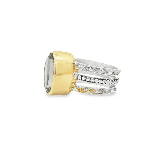 MICHOU  Bezel Set Green Amethyst Triple Band Ring, Sterling Silver, 22KT Yellow Gold, Oval Green Amethyst, Size 7  L74931-7 Image 2 Barnes Jewelers Goldsboro, NC