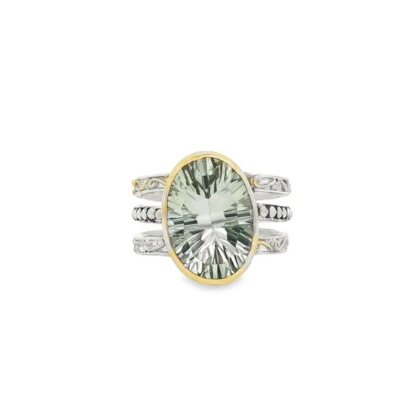 MICHOU  Bezel Set Green Amethyst Triple Band Ring, Sterling Silver, 22KT Yellow Gold, Oval Green Amethyst, Size 7  L74931-7 Barnes Jewelers Goldsboro, NC