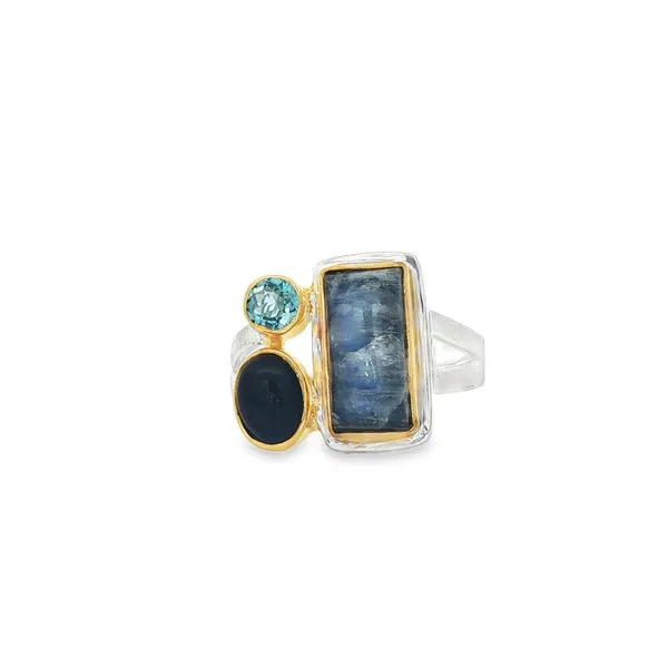MICHOU  Multi-Stone Ring, Sterling Silver, 22KT Yellow Gold Vermeil, Rainbow Moonstone, Blue Agate, Blue Topaz, Size 8  134035-8 Barnes Jewelers Goldsboro, NC