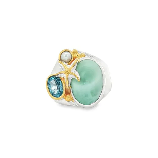 MICHOU  Sea Life Ring, Sterling Silver, 22KT Yellow Gold Vermeil, Amazonite, Trendy Solo Topaz, Baby Blue Topaz, Sky Blue Topaz, Size 8  20251065-8 Barnes Jewelers Goldsboro, NC