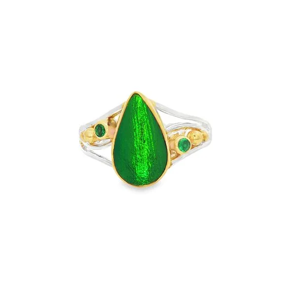 MICHOU  Pear Shaped Beetle Wing Ring, Sterling Silver, 22KT Yellow Gold Vermeil, Black Mother of Pearl, Emerald, Size 7  20254015-7 Barnes Jewelers Goldsboro, NC