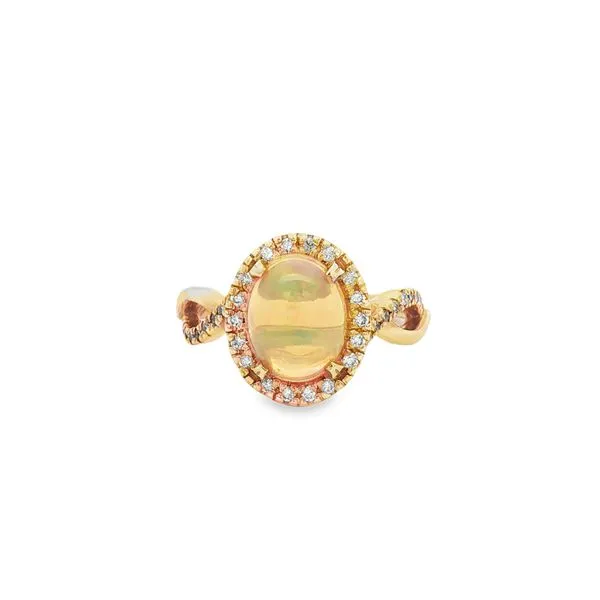 PARAGON  Ethiopian Opal and Diamond Twisted Shank Ring, 14KT Yellow Gold, 1.50TGW Oval Opal, 0.26CTTW Round Diamonds, Size 6.5  R2522OP-09 Barnes Jewelers Goldsboro, NC