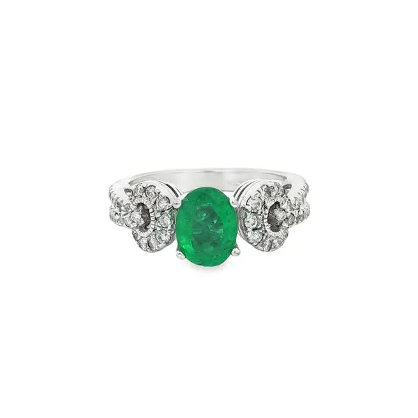 PARAGON  Oval Emerald and Split Shank Diamond Ring, 14KT White Gold, 1.43TGW Oval Emerald, 0.57CTTW Round Diamonds, Size 6.5  R2305EM-02 Barnes Jewelers Goldsboro, NC