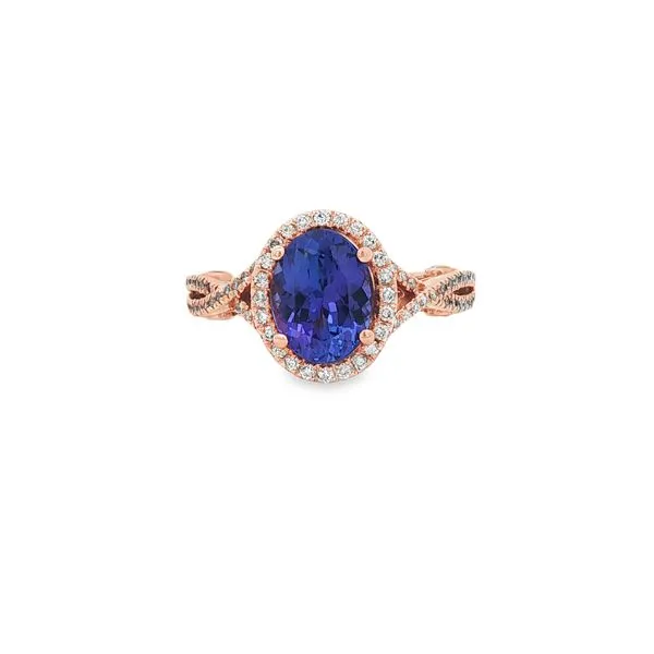 PARAGON  Tanzanite and Diamond Halo Ring, 14KT Rose Gold, 2.15TGW Oval Tanzanite, 0.70CTTW Round Diamonds, Size 6.5  R2414TZ-02 Barnes Jewelers Goldsboro, NC