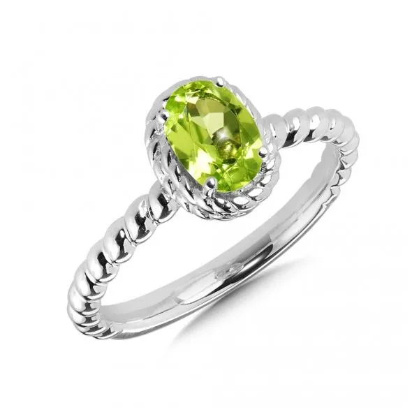 Rhodium Sterling Silver Ring With 7x5mm Peridot.  Size7, Barnes Jewelers Goldsboro, NC