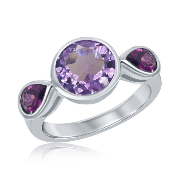 Amethyst & Rhodolite Garnet Three Stone Ring | Sterling Silver | Barnes Jewelers Goldsboro NC Barnes Jewelers Goldsboro, NC