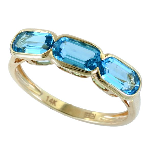 Three Stone Swiss Blue Topaz Bezel Set Ring | 14KT Yellow Gold | Barnes Jewelers Goldsboro NC Barnes Jewelers Goldsboro, NC
