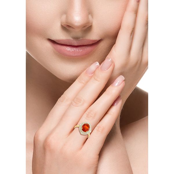 Fire Opal & Diamond Double Halo Ring | 14KT Yellow Gold | Barnes Jewelers Goldsboro NC Image 2 Barnes Jewelers Goldsboro, NC