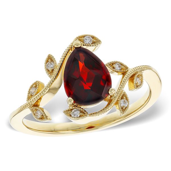 Garnet & Diamond Floral Halo Ring | 14KT Yellow Gold | Barnes Jewelers Goldsboro NC Barnes Jewelers Goldsboro, NC