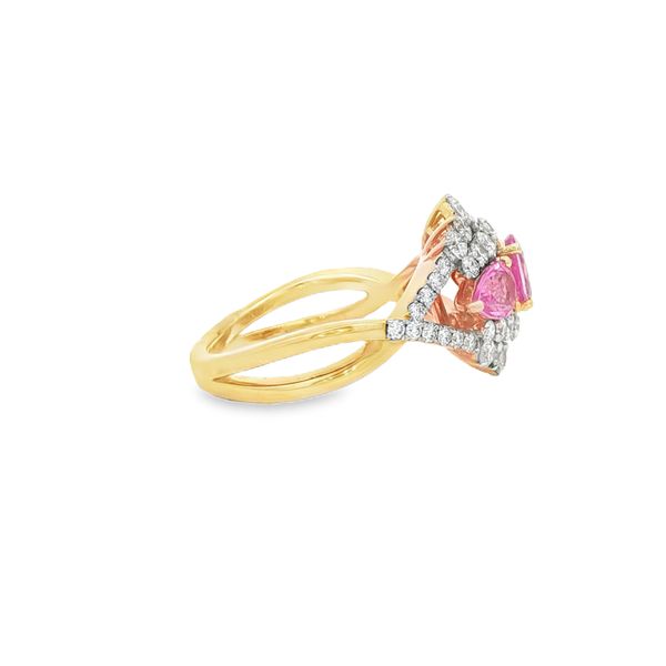 Pink Sapphire & Diamond Three Stone Ring | 14KT Yellow Gold | Barnes Jewelers Goldsboro NC Image 2 Barnes Jewelers Goldsboro, NC