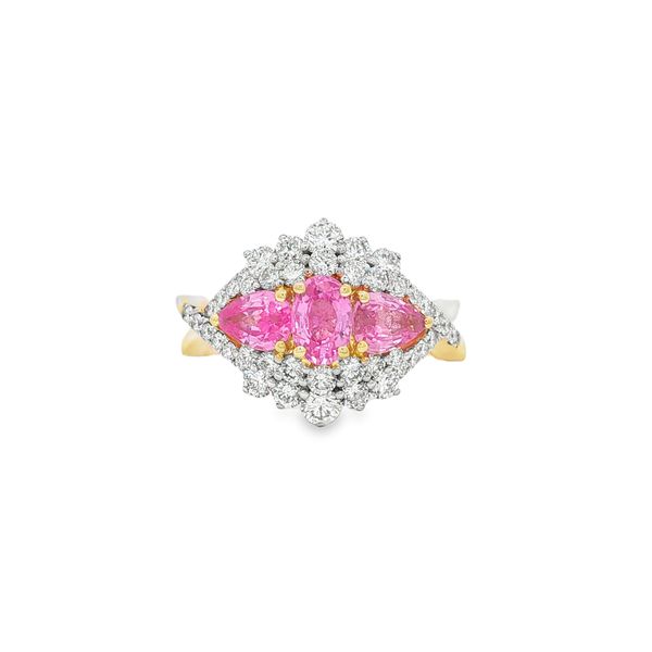 Pink Sapphire & Diamond Three Stone Ring | 14KT Yellow Gold | Barnes Jewelers Goldsboro NC Barnes Jewelers Goldsboro, NC