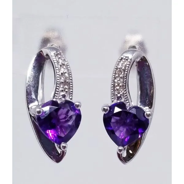 Rhodium Sterling Silver Drop Earrings w/ 2 Amethysts Hearts Stones  7mm x 7mm apx. and 0.05tw diamonds. Barnes Jewelers Goldsboro, NC
