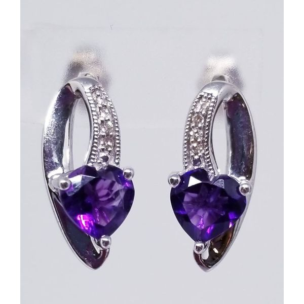 Rhodium Sterling Silver Drop Earrings w/ 2 Amethysts Hearts Stones  7mm x 7mm apx. and 0.05tw diamonds. Barnes Jewelers Goldsboro, NC