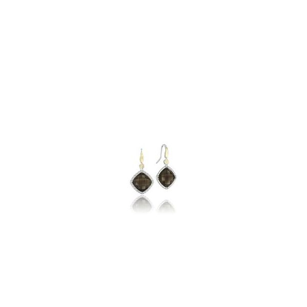 Rhodium Sterling Silver and 18K Yellow  Dangle Earrings with Faceted Smokey Quartz  42.3ctw. Barnes Jewelers Goldsboro, NC