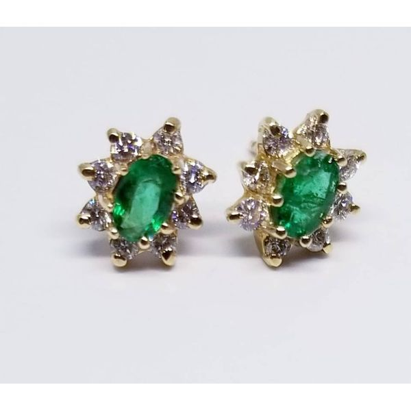 14 Karat Yellow Stud Earrings With Two 5mm x 3mm Oval Emeralds and 16 Round Diamonds G VS1. 0.32tw Barnes Jewelers Goldsboro, NC