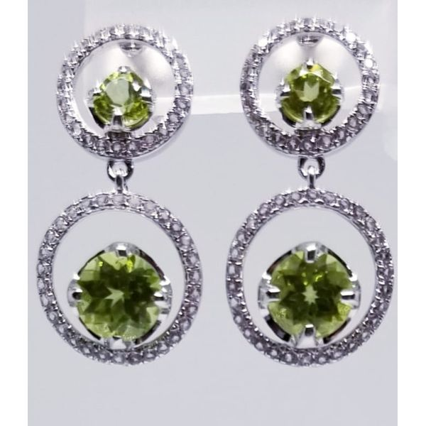 Rhodium Sterling Silver Dangle Earrings with 2.64ctw Peridot Stones and 0.65 ctw White Topaz Circles. Posts Barnes Jewelers Goldsboro, NC
