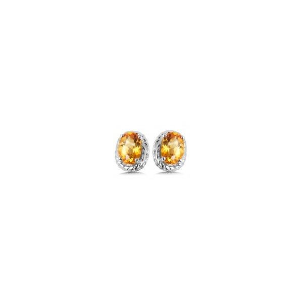Rhodium Sterling Silver Stud Earrings with Two 6x4mm Citrines. Barnes Jewelers Goldsboro, NC