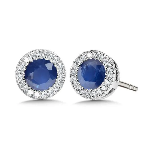 SDC  Sapphire and Diamond Halo Stud Earrings, 14KT White Gold, 0.53TGW Round Sapphires, 0.10CTTW Round Diamonds  ECS2560-W Barnes Jewelers Goldsboro, NC