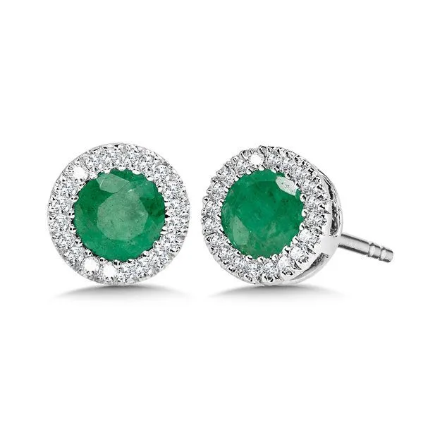 SDC  Emerald and Diamond Halo Stud Earrings, 14KT White Gold, 0.65TGW Round Emeralds, 0.10CTTW Round Diamonds  ECE2560-W Barnes Jewelers Goldsboro, NC