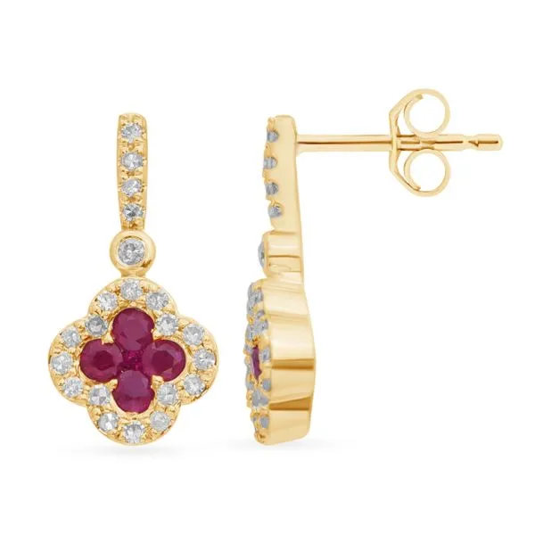 AMERICAN RING SOURCE  Ruby and Diamond Clover Dangle Earrings, 10KT Yellow Gold, 0.34TGW Round Rubies, 0.22CTTW Round Diamonds   Barnes Jewelers Goldsboro, NC